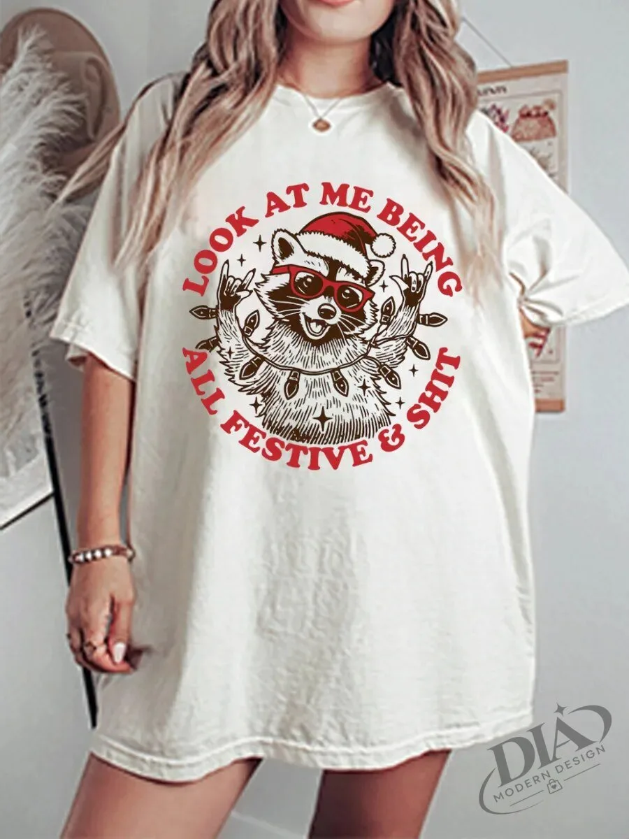 Funny Raccoon Christmas Lights Holiday Graphic T-Shirt