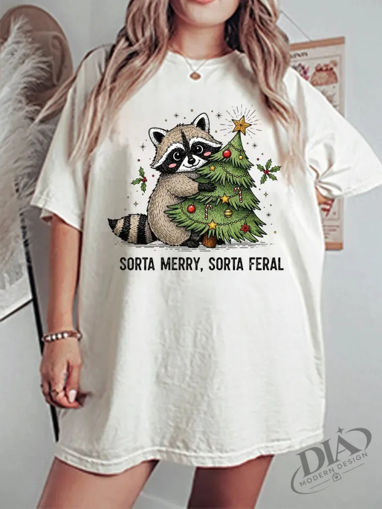 Sorta Merry Sorta Feral Raccoon Christmas Tree Holiday Graphic T-Shirt