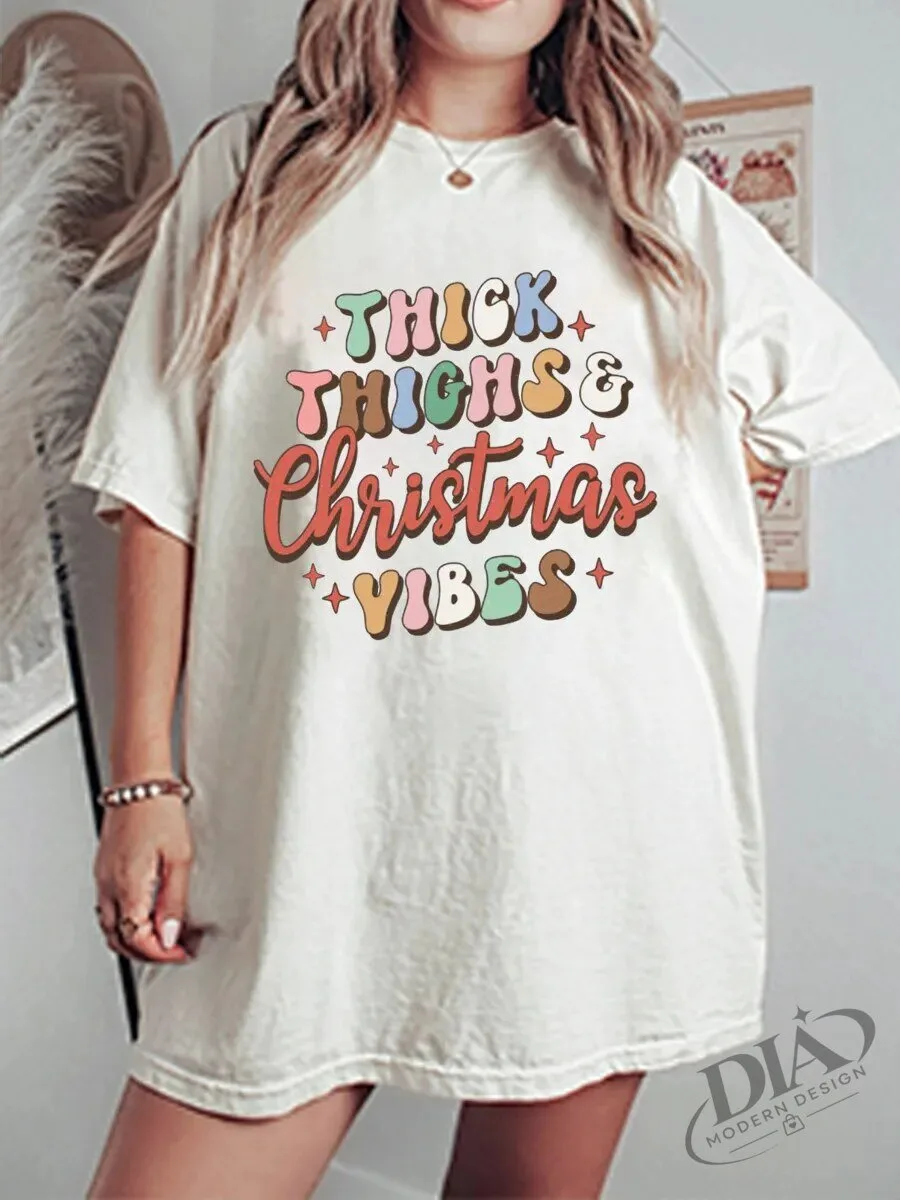 Thick Thighs And Christmas Vibes Retro Holiday Graphic T-Shirt