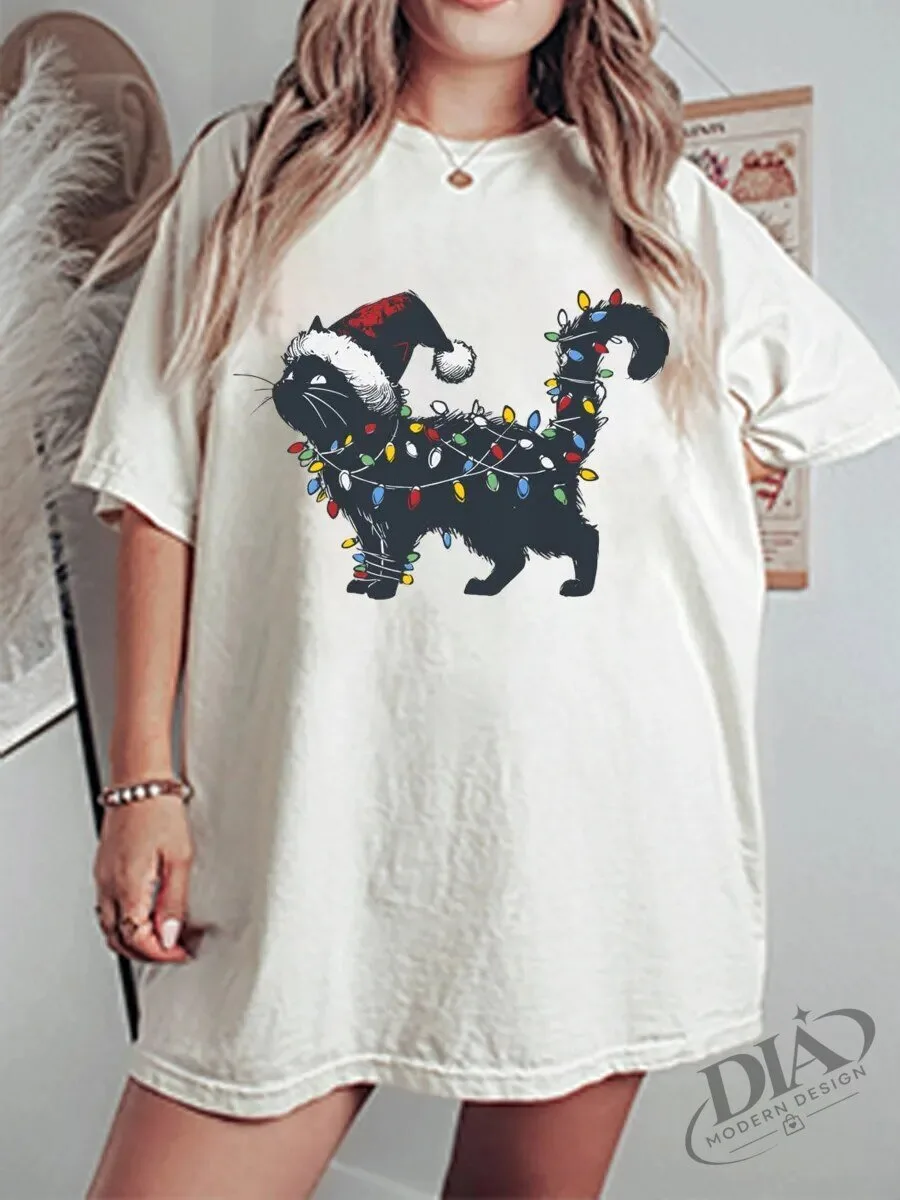 Vintage Cute Black Cat Christmas Lights Oversized Graphic T-Shirt