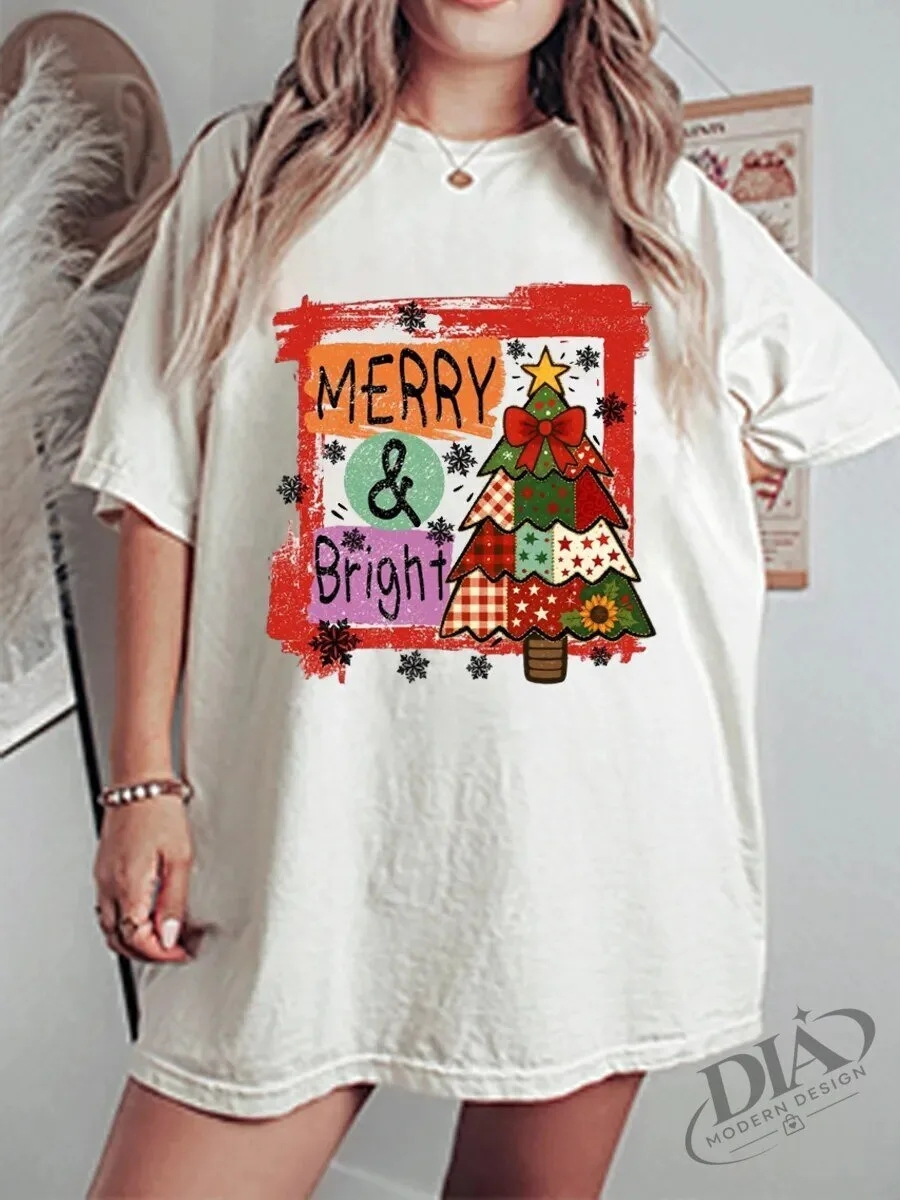 Merry And Bright Christmas Tree Patchwork Graphic T-Shirt