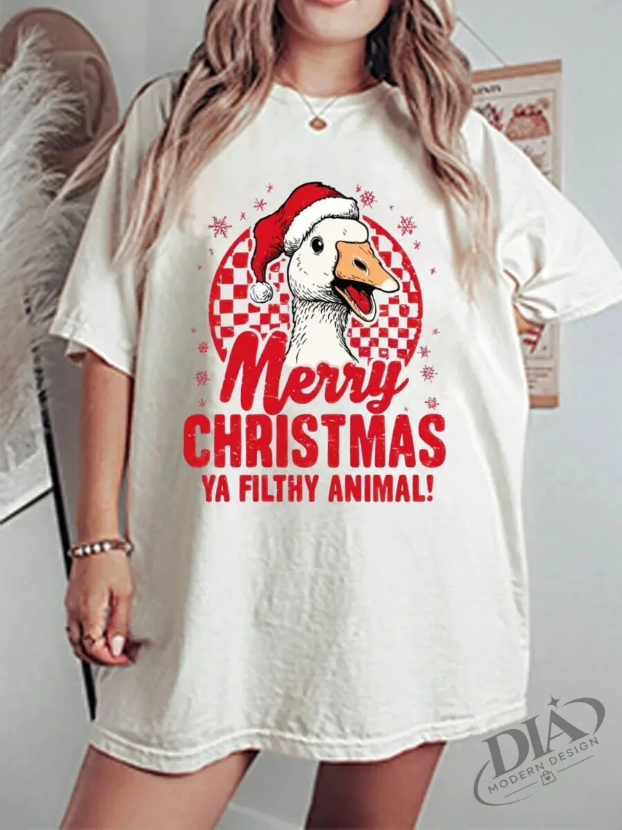 Merry Christmas Ya Filthy Animal Goose Wearing Santa Hat Holiday T-Shirt